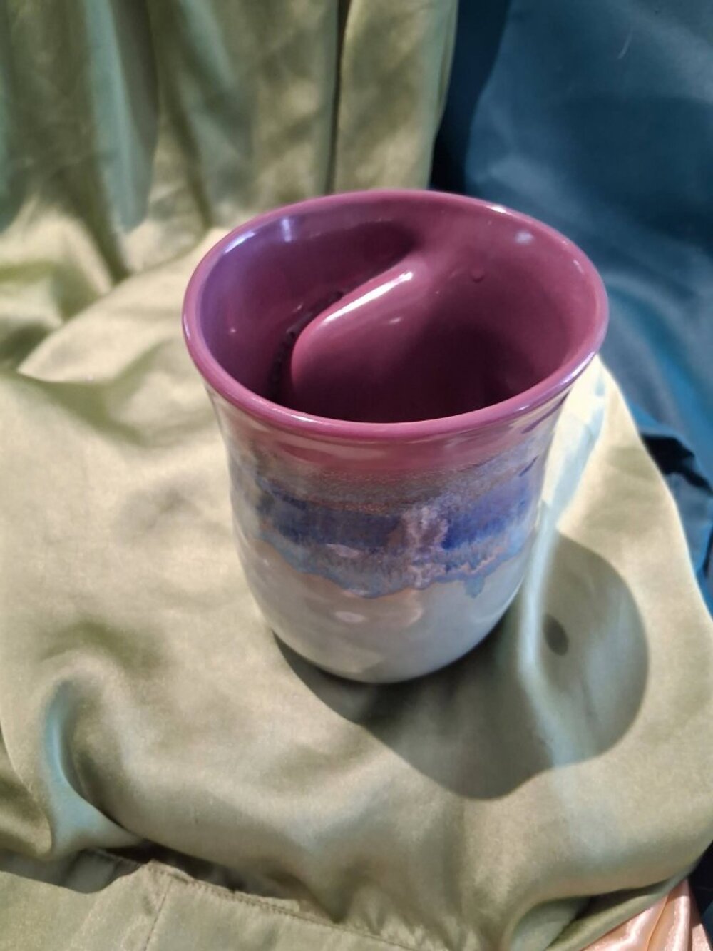 Neher Clay in Motion Signed 2012 Handmade Handwarmer Mug Purple Blue Drip Glaze
